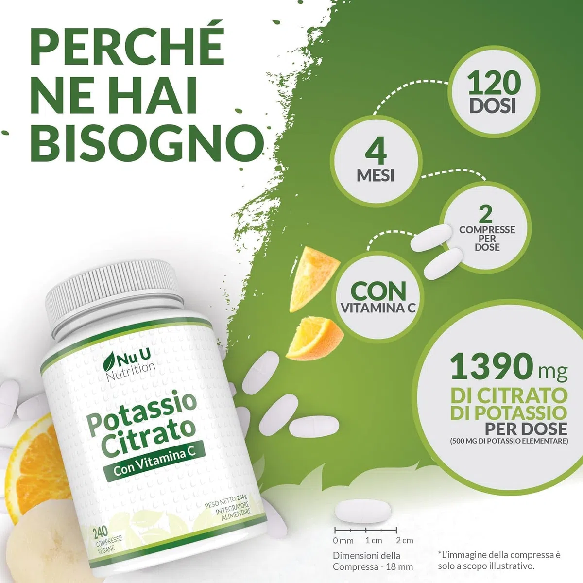 Potassio 1550 mg & Vitamina C - 240 Compresse Vegane - 4 Mesi di Scorta - Citrato di Potassio ad Alta Potenza - Prodotto in Europa - Nu U Nutrition