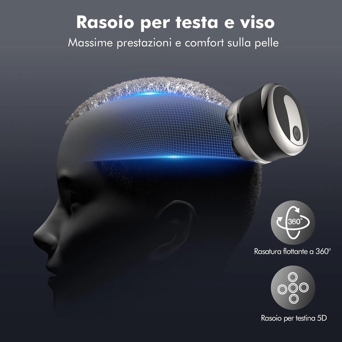 Rasoio Testa Calva, Rasoio Elettrico Barba, 5D Rasoio Capelli Uomo Testa con Rasoio Testa Magnetiche, Wet & Dry 100% Lavabile, USB Ricaricabile Senza Fili MOJO 1 2K
