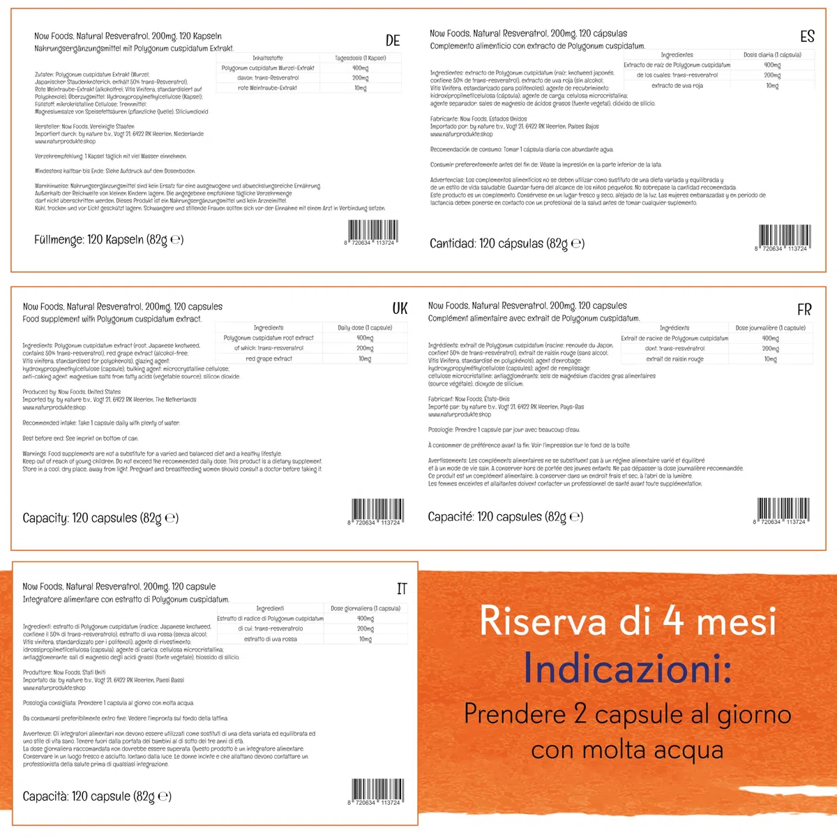 Now Foods Resveratrolo, 200mg, 120 capsule vegan, Testato in Laboratorio, Senza Soia, Senza Glutine, Vegetariano, Non-GMO