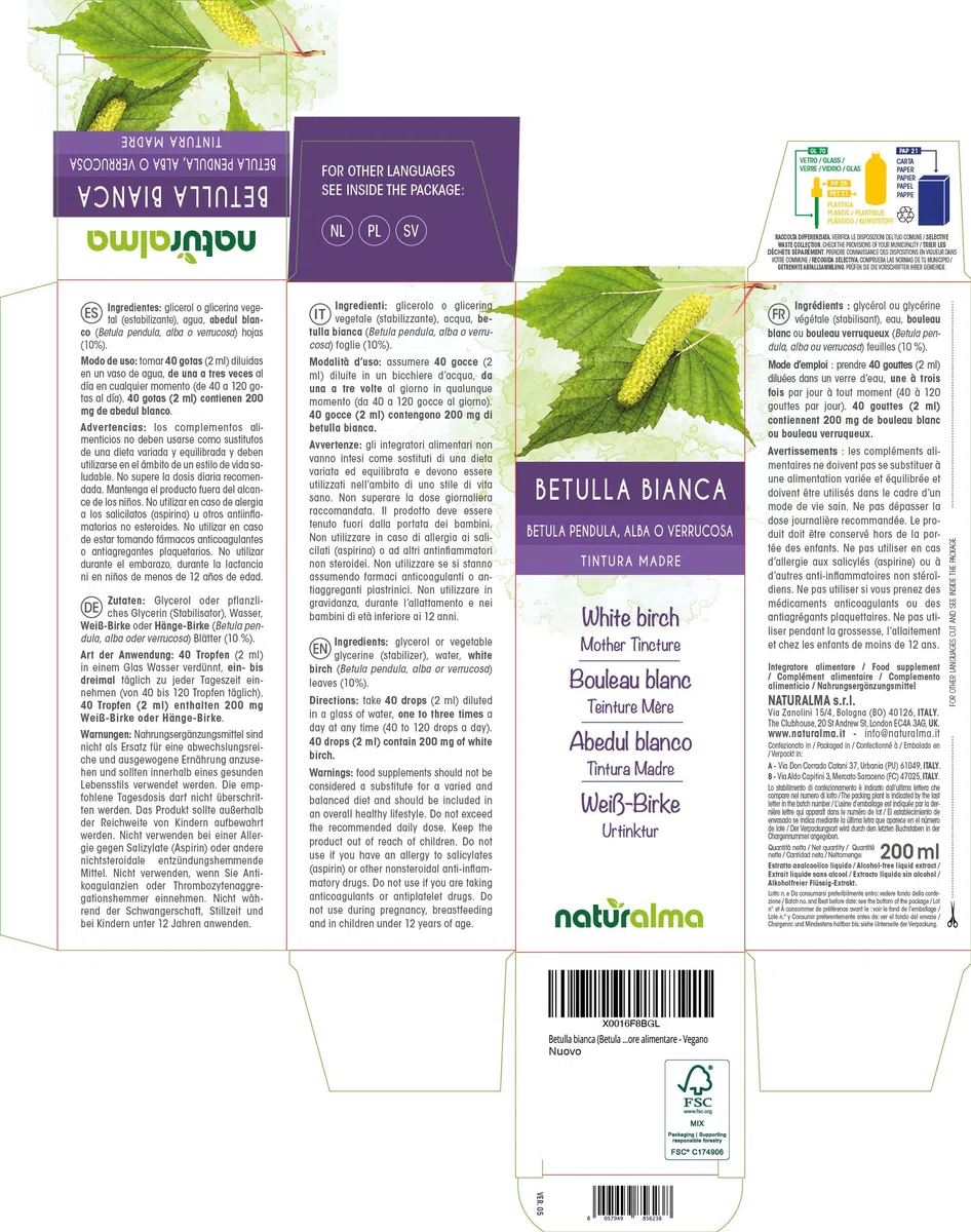 Betulla bianca (Betula pendula, alba o verrucosa) foglie Tintura Madre analcoolica Naturalma - Estratto liquido gocce 200 ml - Integratore alimentare - Vegano