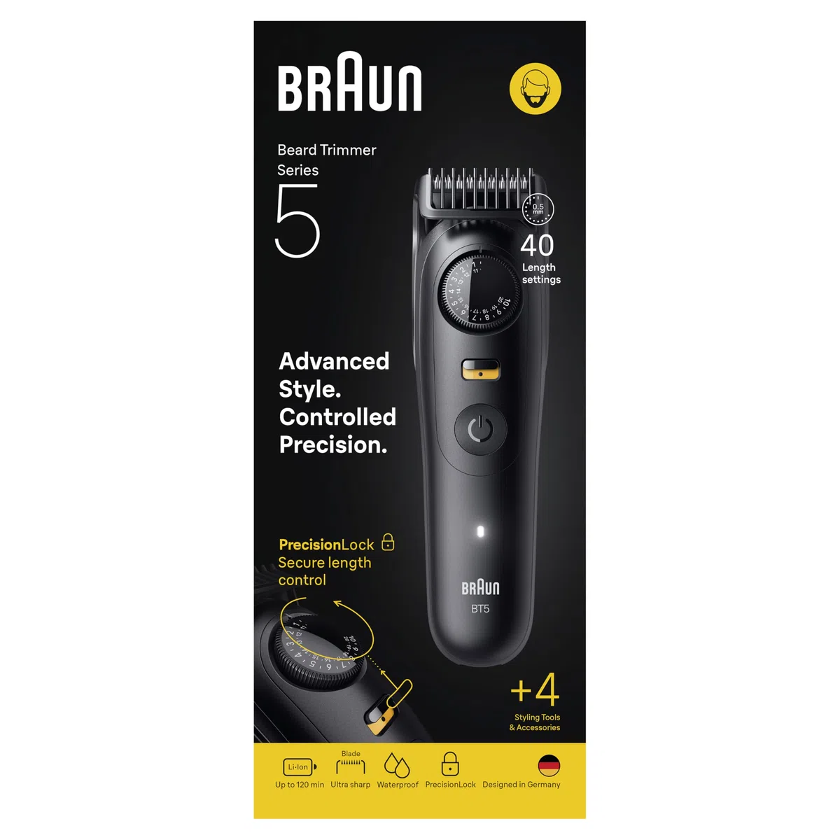 Braun Trimmer Barba Series 5, + 4 strumenti per creare il suo stile, lama ultra affilata, 120 min di autonomia, 40 lunghezze, impermeabile, rotella di precisione e bloccaggio, BT5520, nero