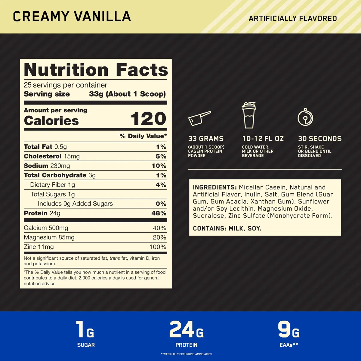 Optimum Nutrition Gold Standard 100% Proteine Caseina in Polvere, Gusto Vaniglia Cremosa, 924g, 28 Porzioni