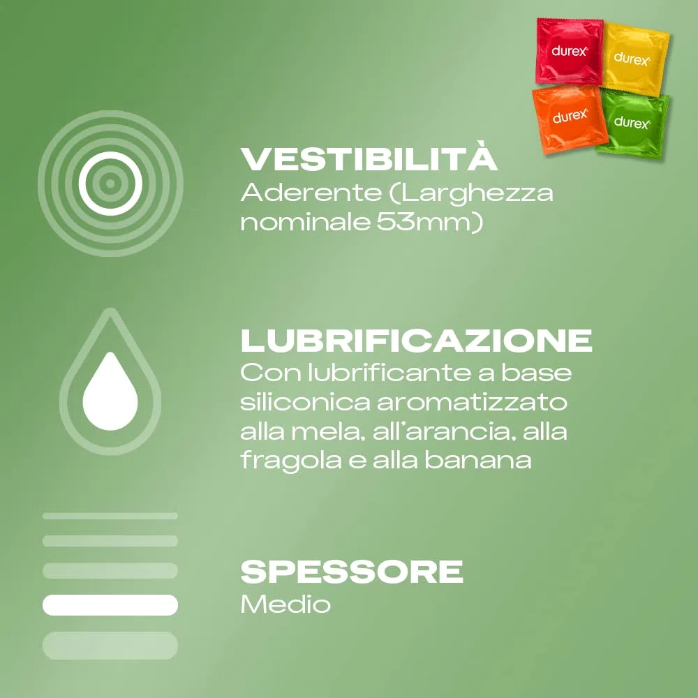 Durex Tropical Preservativi Aromatizzati alla Frutta, Gusto: Banana, Mela, Fragola e Arancia, Lubrificati a Base Siliconica - 24 Profilattici