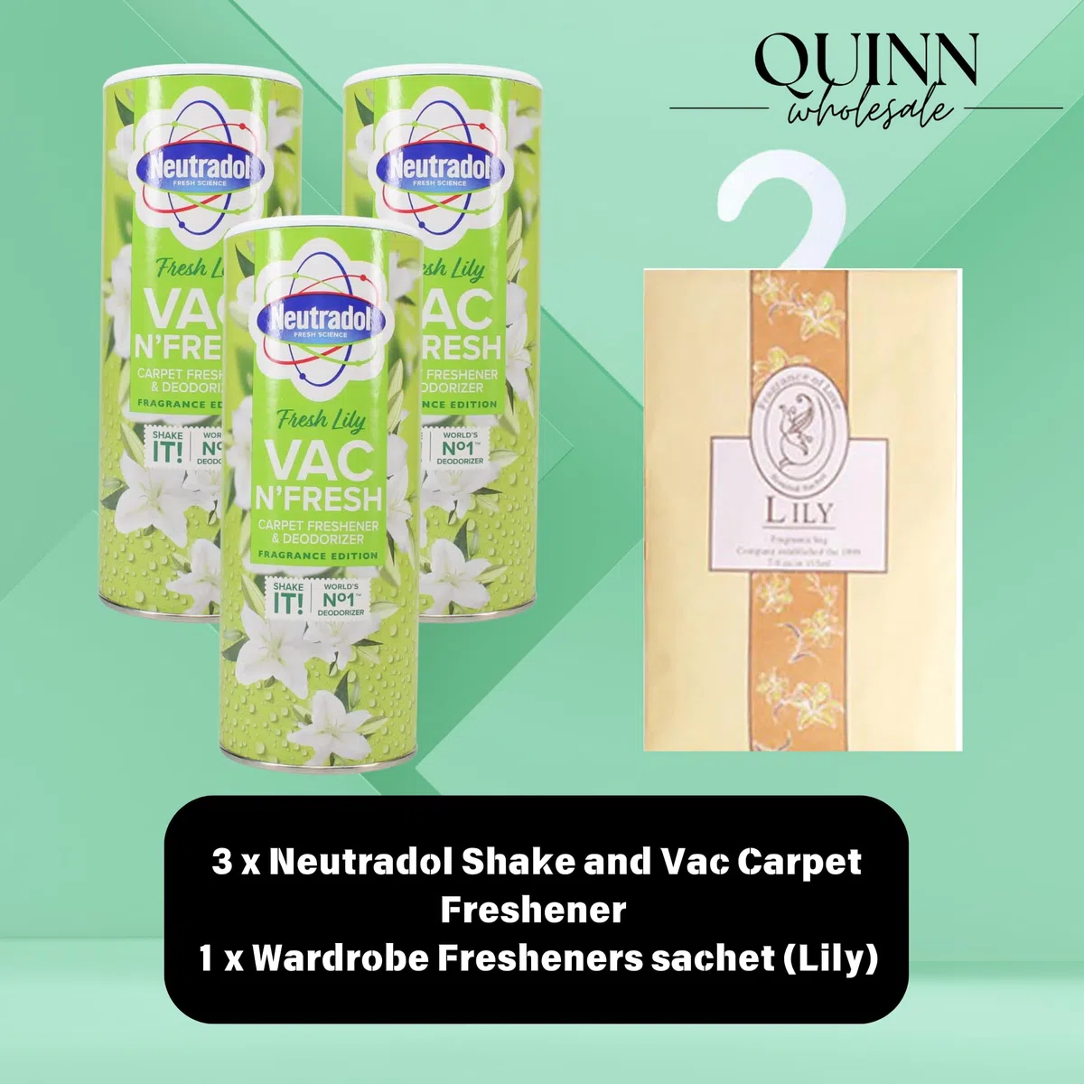 2 in 1 Shake and Vac, polvere detergente per tappeti: 3 x Neutradol 350 g Shake and Vac deodorante per tappeti Lily Fresh + sacchetto da appendere al profumo di spezie (giglio)