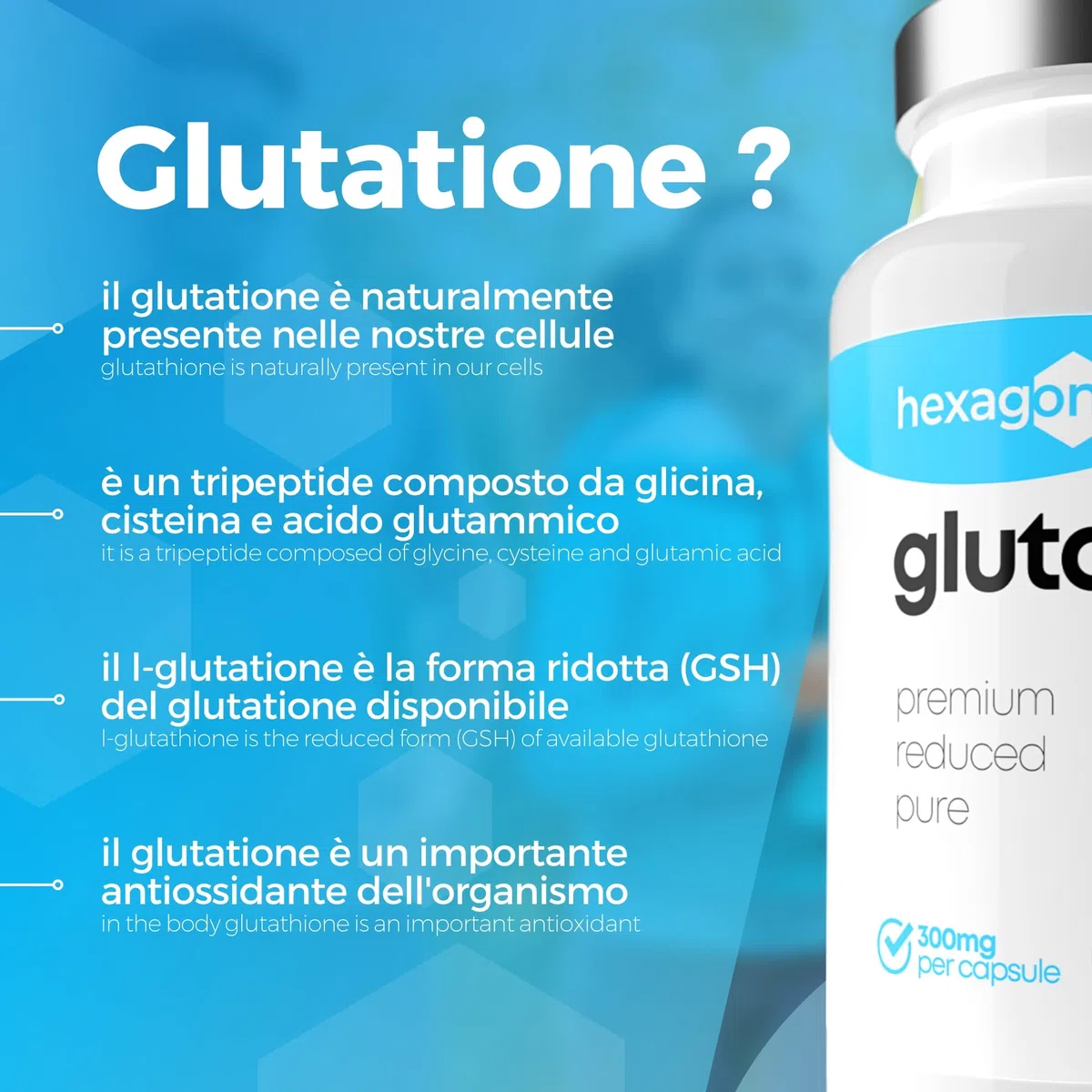 Glutatione 300mg - Cura di 2 Mesi - Forte, Ridotto & Attivo - L-Glutatione, Purifica la Pelle - Antiossidante e Disintossicante - 60 Capsule Vegetali - Vegan - Made in France - Hexagon