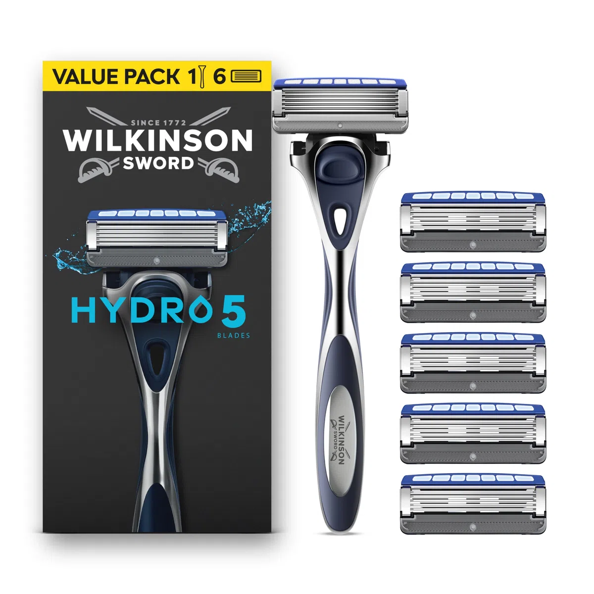 Wilkinson Sword Hydro 5, rasoio da uomo, formato convenienza, azione idratante e lame rivestite in carbonio, set manico + 6 ricariche