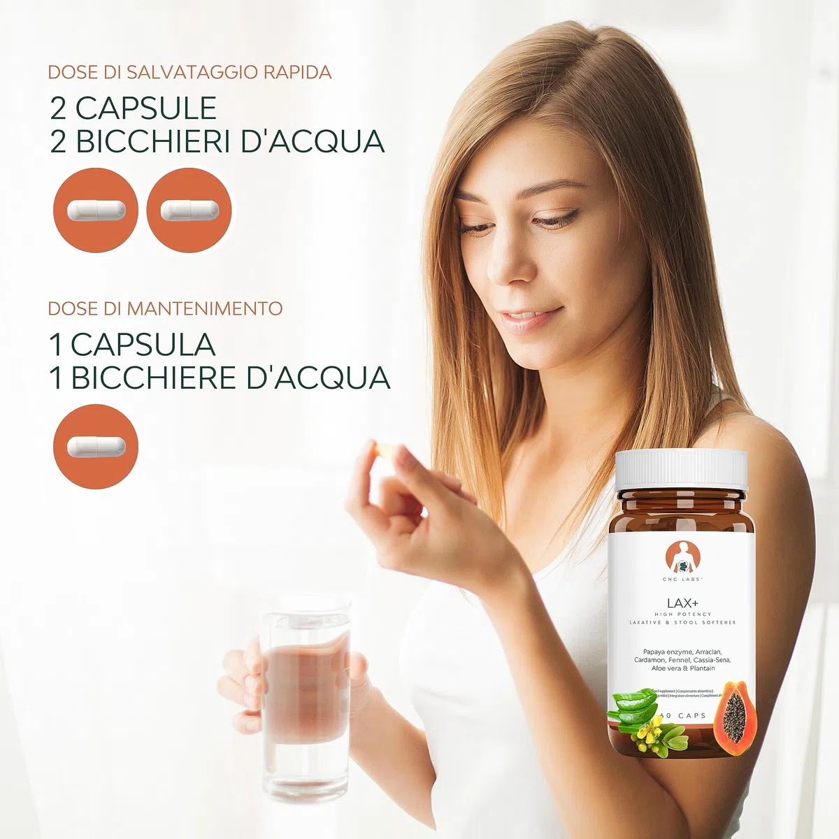 LAX+ Integratore Alimentare 2x Bottiglie con Senna, Papaya, Finocchio, Aloe e Piantaggine – 120 Capsule