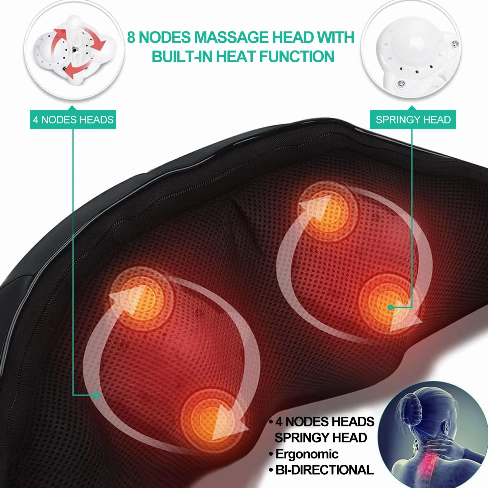 Medcursor Massaggiatore per collo e spalle con calore, cuscino per massaggio shiatsu profondo 3D per schiena, gambe, sollievo dal dolore muscolare del corpo, casa, ufficio (Nero)