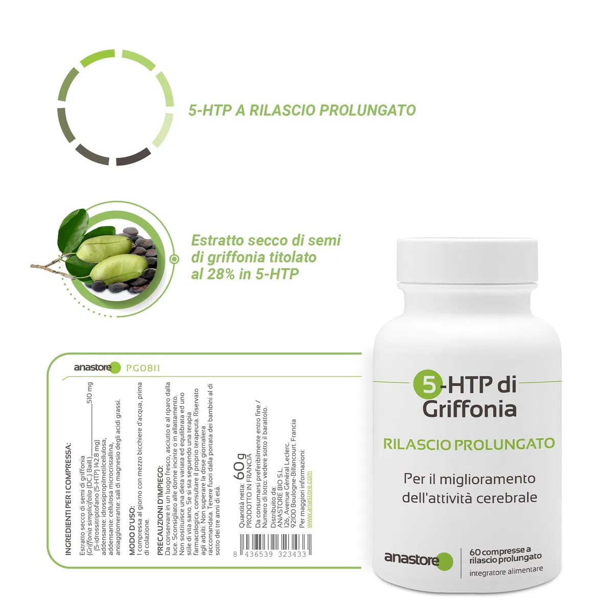 5-HTP di Griffonia * 510 mg / 60 compresse * origine naturale a rilascio prolungato * equilibrio emotivo