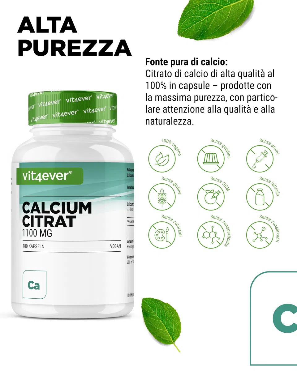 vit4ever Calcio Citrato - 180 Capsule - Alto Dosaggio con 1100 mg per Capsula - scorta per 2 mesi - Elevata Biodisponibilità - Calcio per Ossa, Denti e Metabolismo Energetico - Vegano