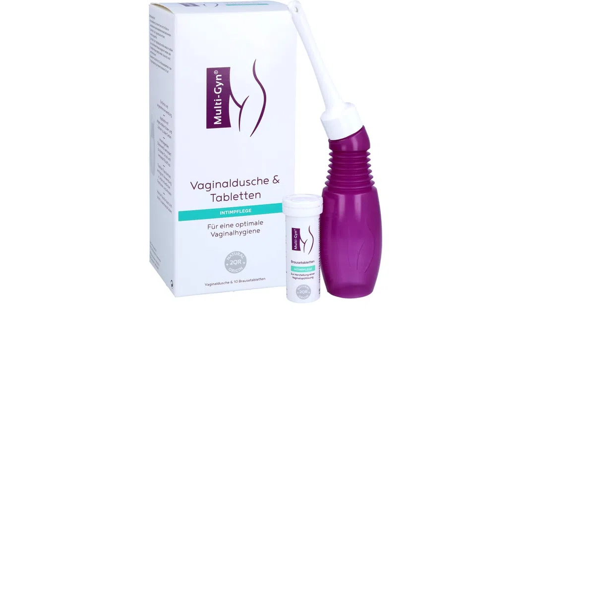 Multi-Gyn Doccia Vaginale Riutilizzabile con Compresse Effervescenti - Per Igiene Femminile Salutare - Pratico da Utilizzare Sotto la Doccia - Applicatore Morbido per un'Applicazione Dolce ed Efficace