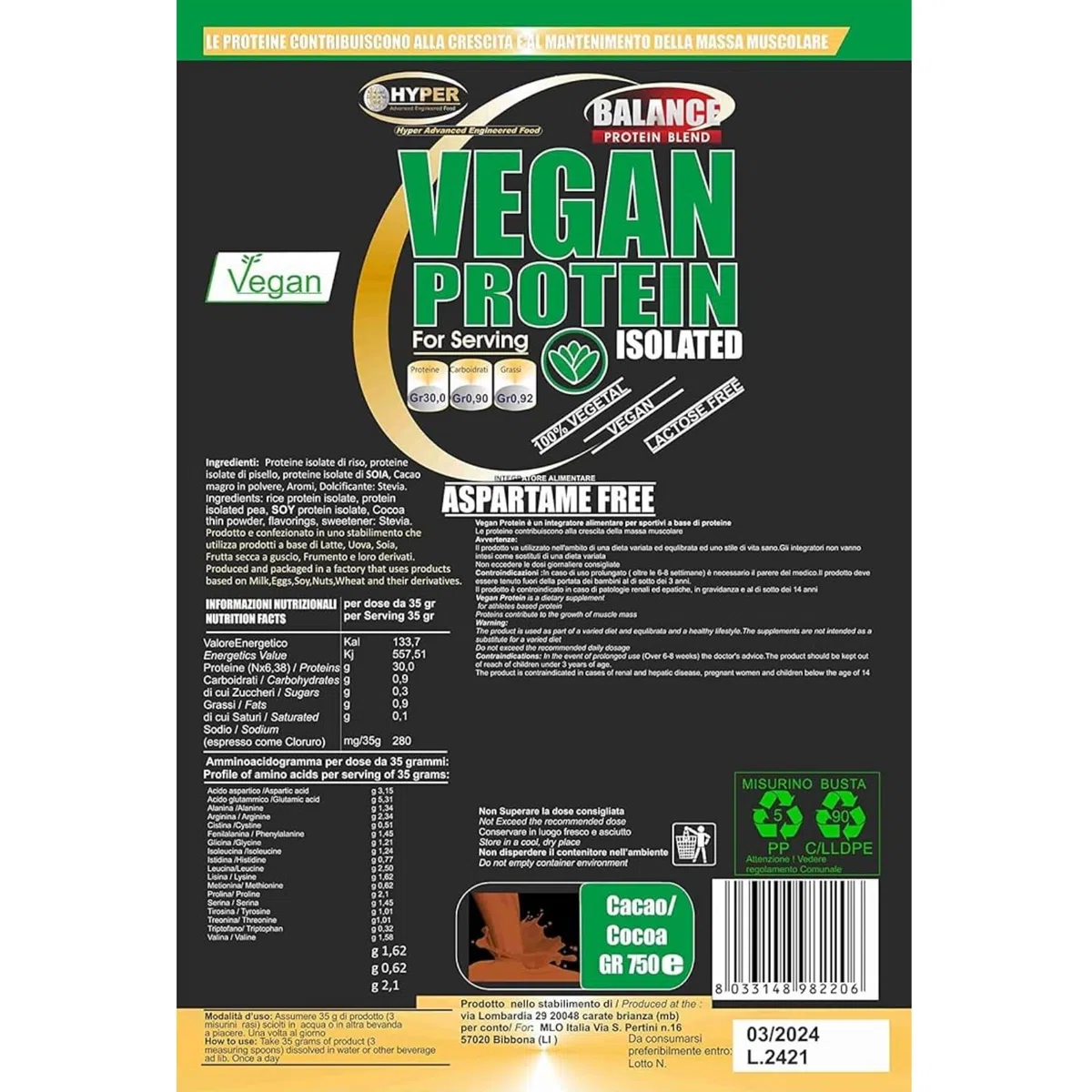 Hyper Vegan Protein 750g Cacao - Proteine in Polvere Senza Edulcoranti - Proteine in Polvere Isolate senza Glutine - Proteine in Polvere Vegane per Aumento Massa Muscolare, Favoriscono il Recupero