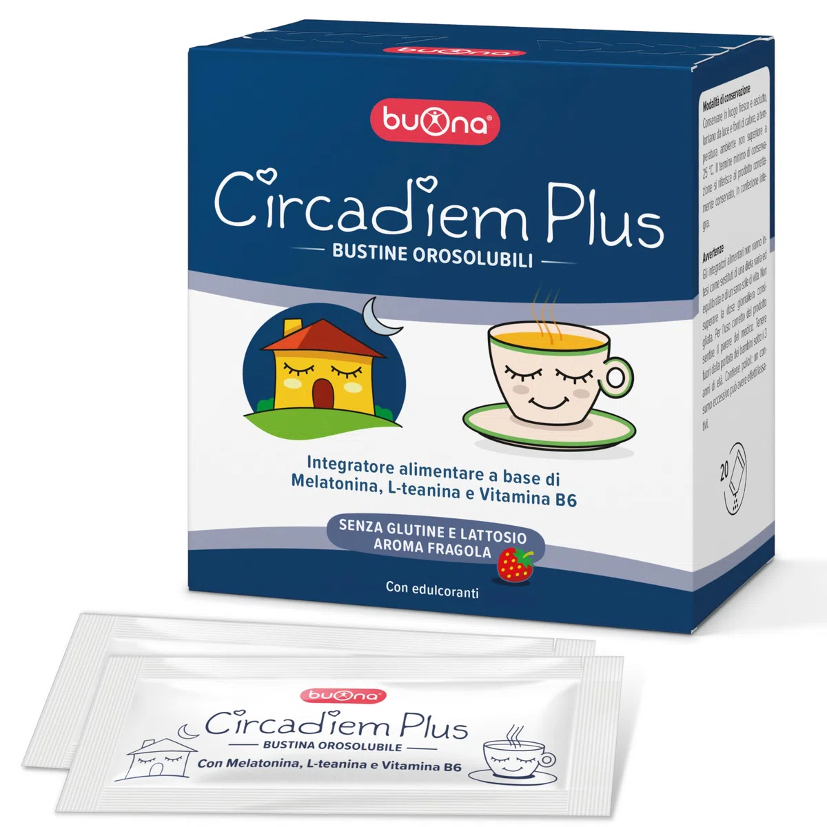 Buona Circadiem Plus Melatonina Bambini e L Teanina, 20 Bustine Orosolubili, Senza Glutine e Lattosio, Melatonina per Dormire con Vitamina B6, Made in Italy