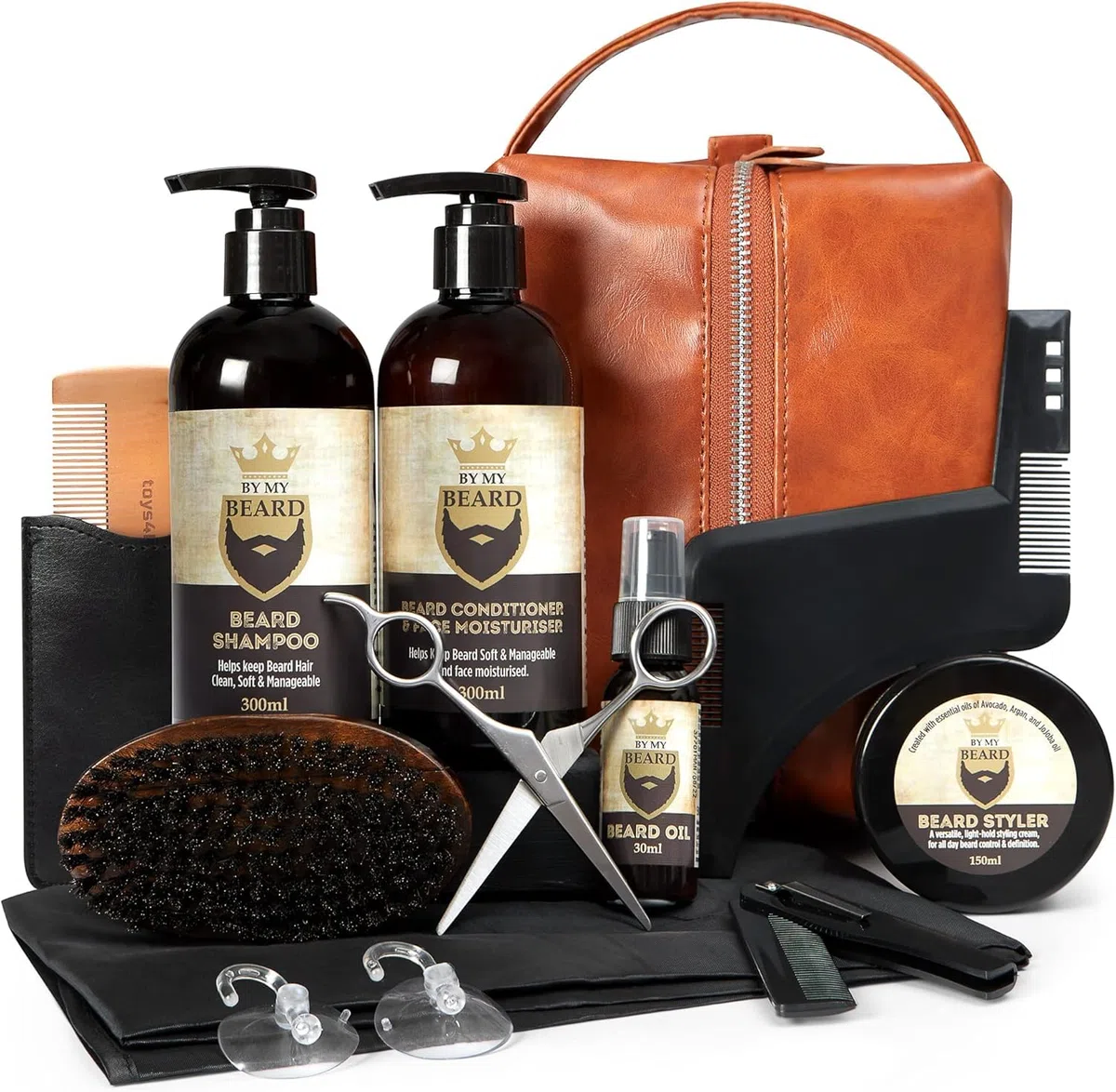 Kit Barba Uomo-Prodotti Barba Uomo Olio Balsamo 300ml Shampoo 300ml -Spazzola e Pettine - Forbici, Sacca Viaggio -Ottima Idea Regalo