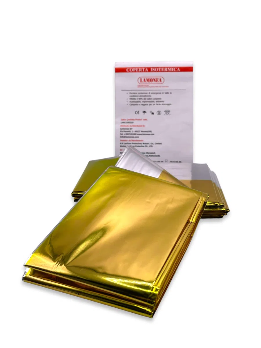 Coperta di Emergenza, Certificato CE - Coperta Termica Antivento, Impermeabile e Riutilizzabile, Colore Oro e Argento, Dimensioni 160 x 210 x 12 cm - LAM/160210
