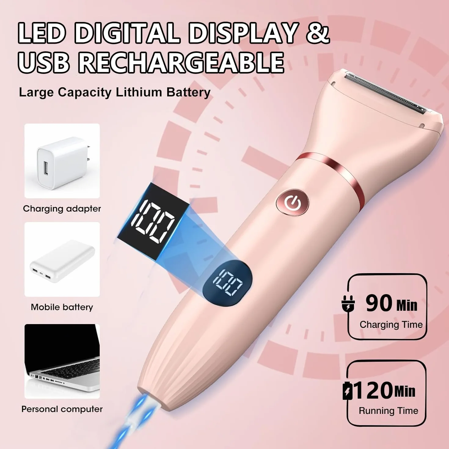 Rasoio Elettrico Donna, 3 in 1 Rasoio Donna Elettrico Senza Fili per corpo, gambe, peli pubici e viso, IPX6 impermeabile e USB ricaricabile