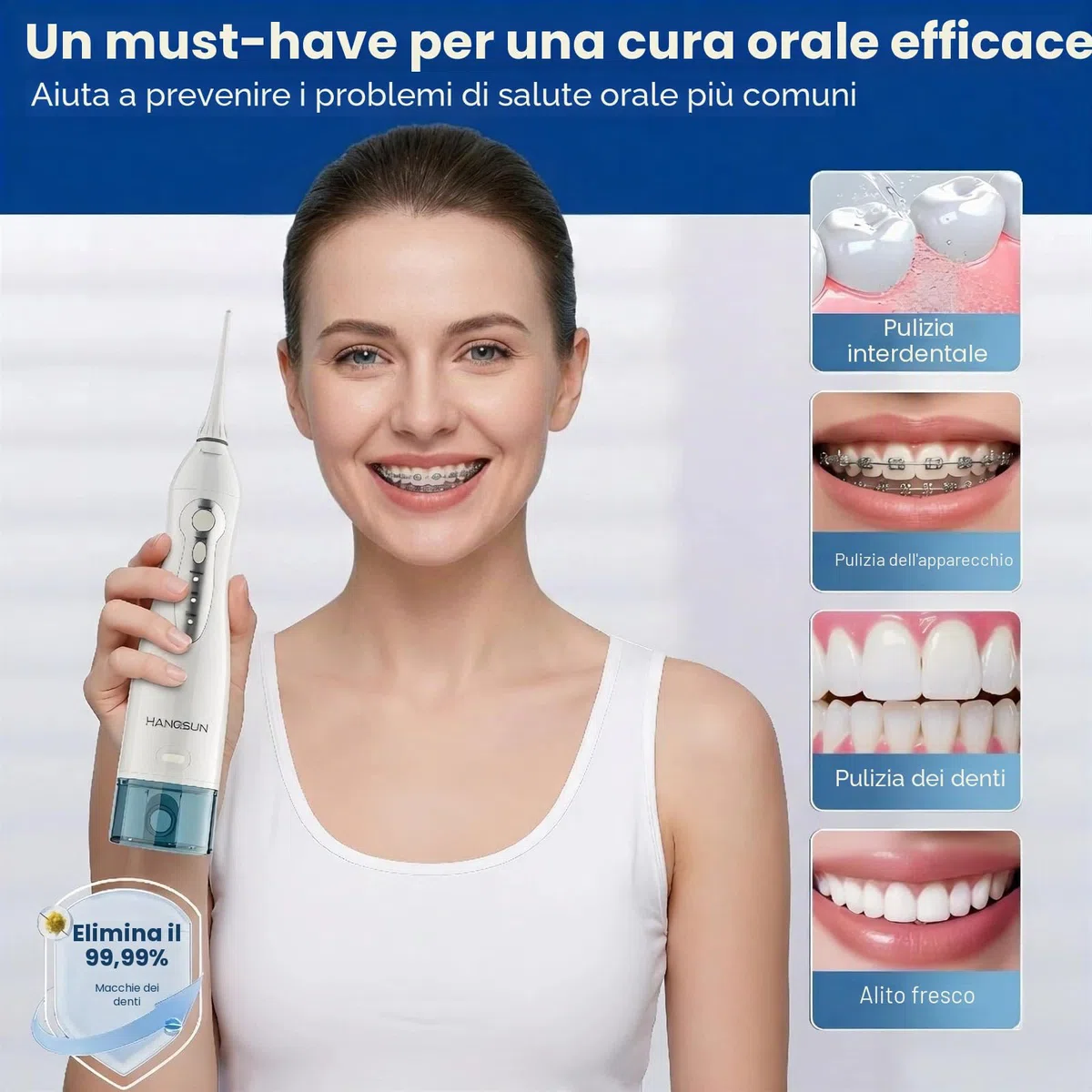 Idropulsore Dentale Portatile con 8 Ugelli Hangsun Irrigatore Dentale, 3 Modalità e Capacità 300ML, USB Ricaricabile per Ortodontico, Famiglia