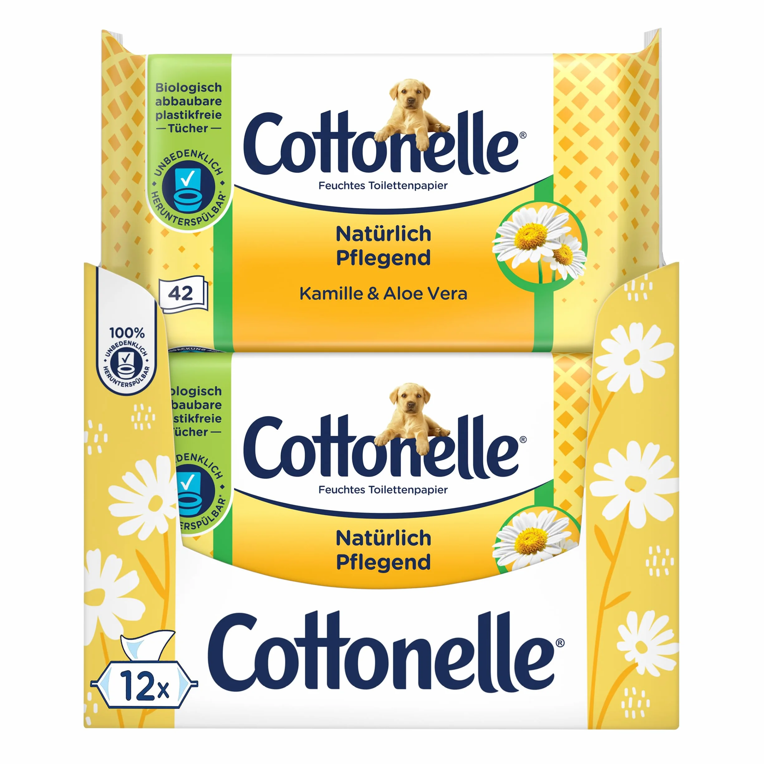 Cottonelle Carta igienica umida, naturale nutriente, camomilla e aloe vera, biodegradabile, senza plastica, richiudibile, confezione conveniente, 12 x 42 salviettine umidificate