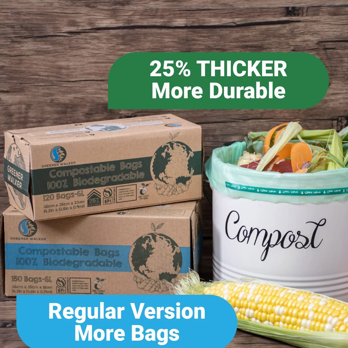 Greener Walker 100% compostabile biodegradabile 10L sacchi per Rifiuti Alimentari da Cucina-150 Sacchetti