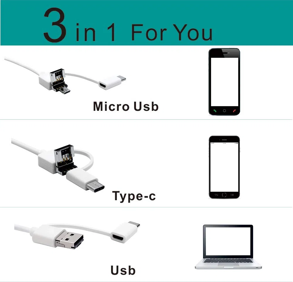 Endoscopio digitale USB 3 in 1, otoscopio digitale per la rimozione del cerume, strumento visivo HD con 6 luci LED regolabili per Android e PC (blu navy)
