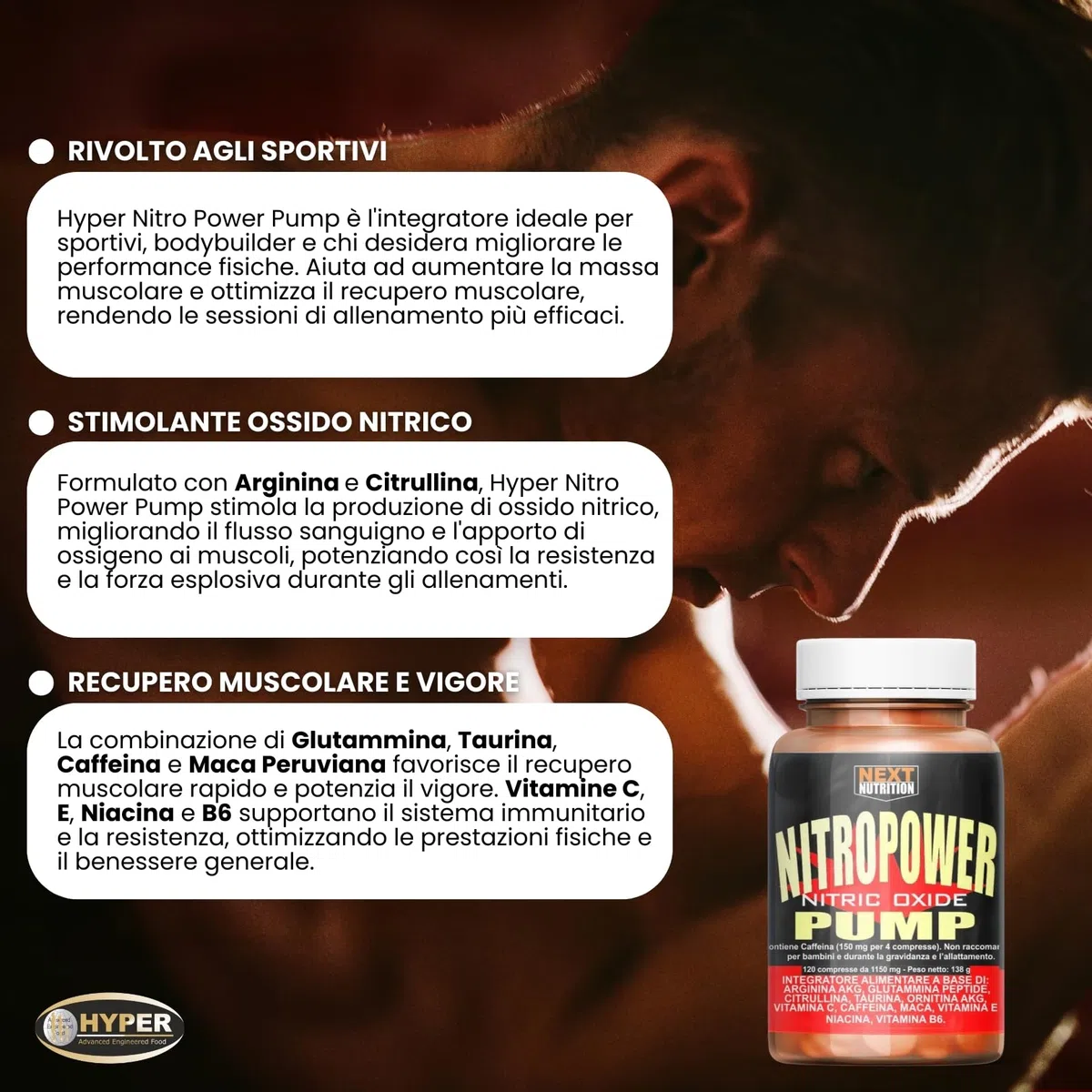Hyper Nitro Power Pump 2 x 120 CPR - Pre Workout, Massa Muscolare - Stimola Ossido Nitrico con Vitamina C, Maca Peruviana, Vitamina E, Arginina, Citrullina, Glutammina, Acetil l Carnitina e Caffeina
