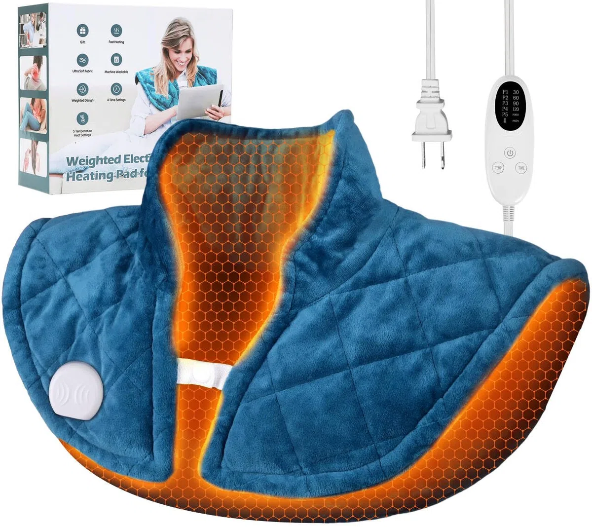 Cuscino Riscaldante Ponderato 1200g per Collo e Spalle, 5 Livelli di Calore, 4 Timer, Sollievo Dolore Cervicale, Lavabile in Lavatrice, Regalo per Donne, Uomini e Genitori