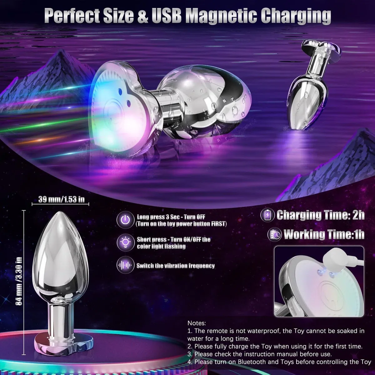 AMAZBEE Plug anale vibrante Vibratore Butt Plug per donne uomini Hearted Light Up Massaggiatore della prostata con telecomando Giocattoli sessuali elettrici in acciaio inox (S)
