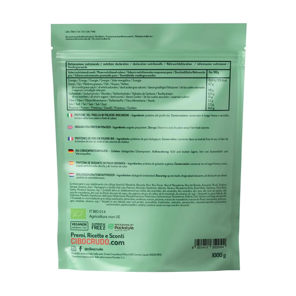 Proteine del Pisello in Polvere Bio - 1Kg. Proteine Vegane in Polvere. Vegan Protein Powder Organic Pea. Proteine Vegetali in Polvere Vegan Naturalmente Senza Glutine. Integrazione Sportiva Vegana.