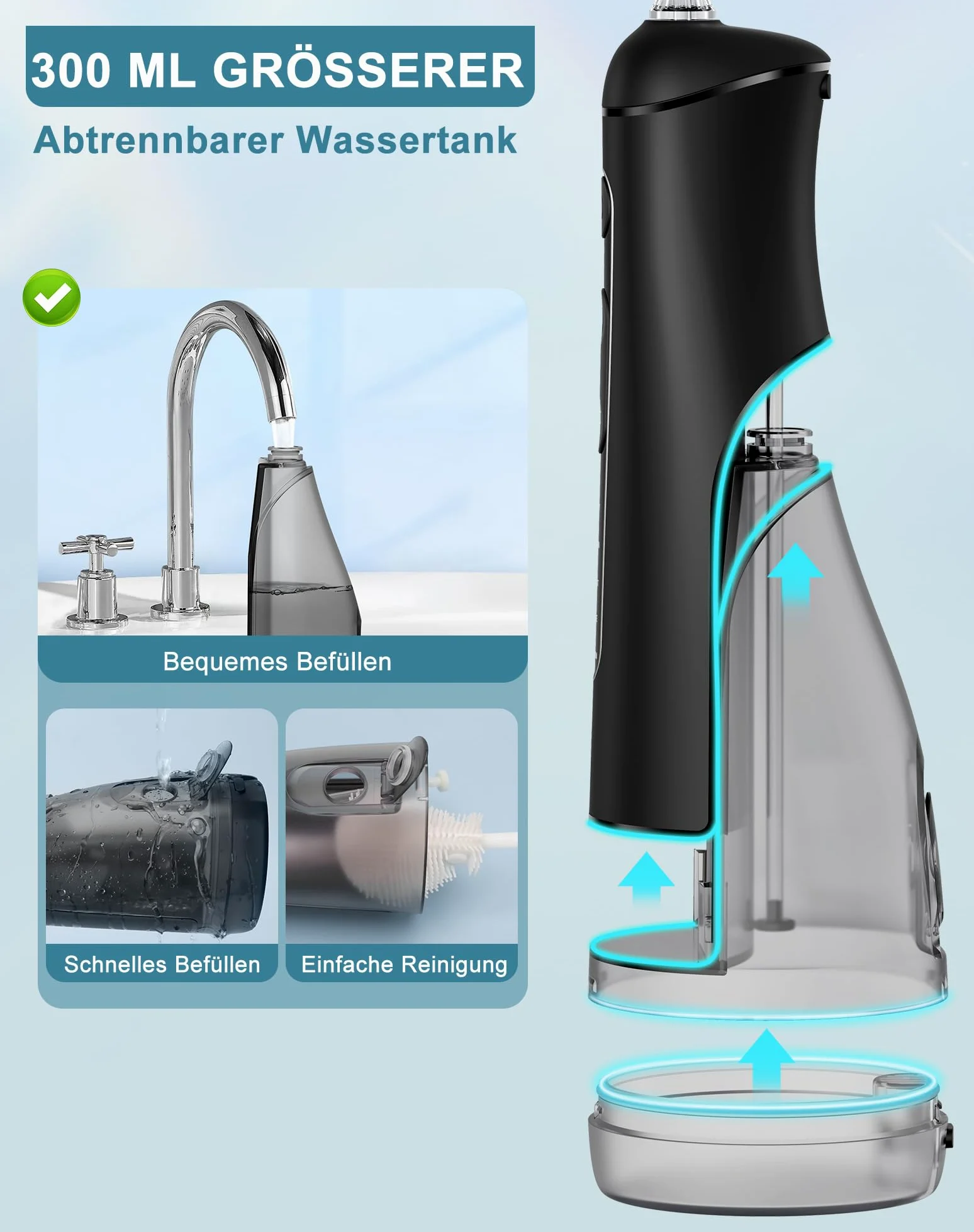 Idropulsore Dentale Portatile DIY, Irrigatore Orale 5 Modalità e 3 Intensità, Irrigatore Dentale Serbatoio 300ML, Ricarica USB, Impermeabile IPX7, Senza BPA, Silenzioso, per Viaggi e Casa