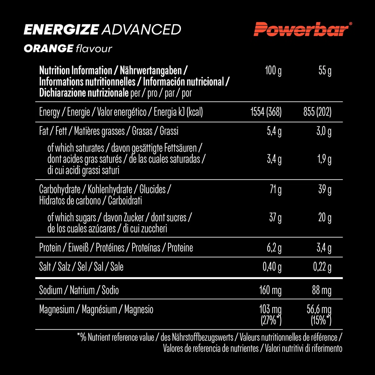 Powerbar - Energize Advanced - Orange - 15x55g - Barretta energetica ad alto contenuto di carboidrati - magnesio e sodio