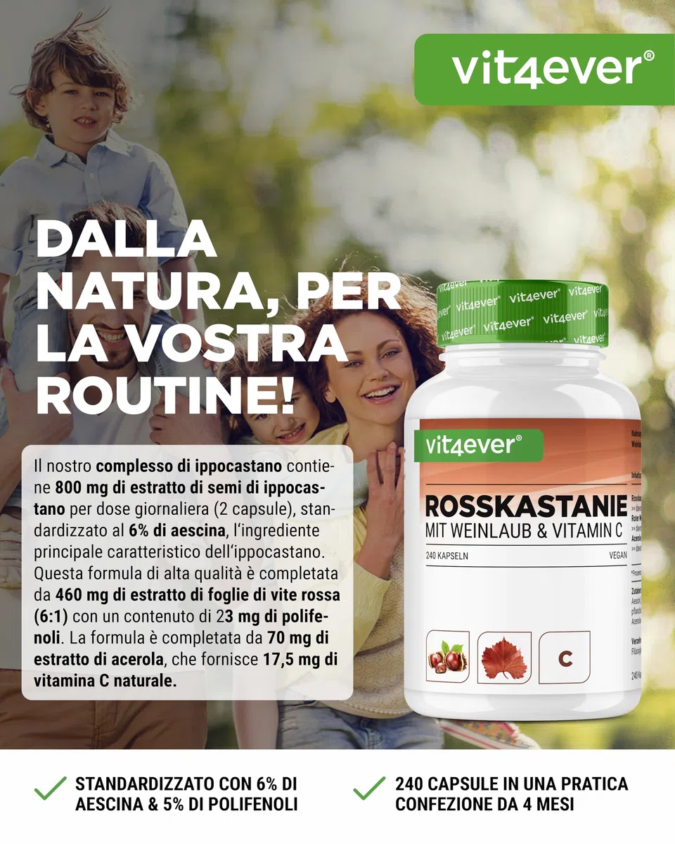 Estratto di ippocastano - 240 capsule - Dosaggio elevato con 1330 mg di estratto per dose giornaliera - Ippocastano con foglie di vite e vitamina C di acerola - Senza additivi indesiderati, vegano