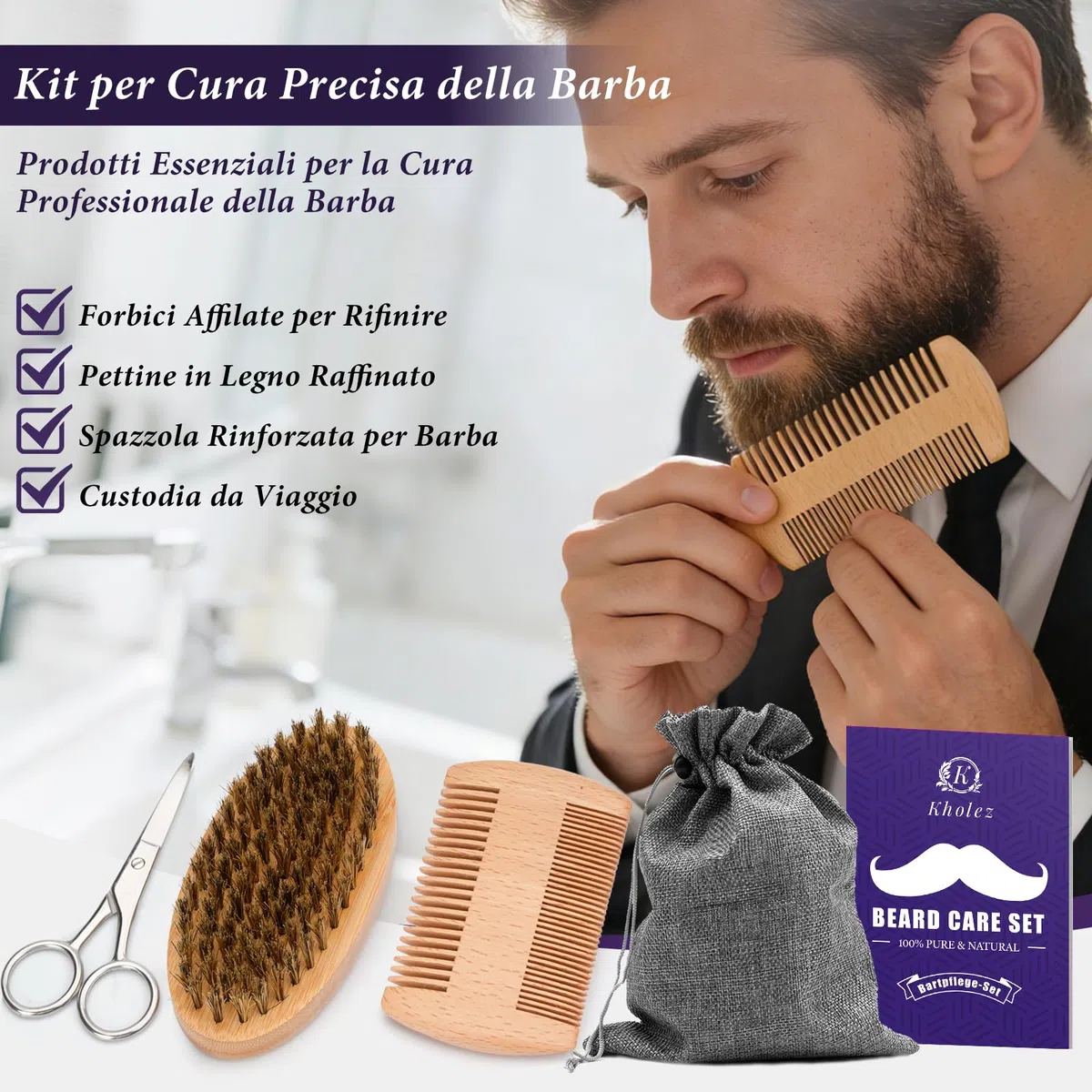 KHOLEZ Kit Barba Uomo Professionale, Set Barba Uomo, Set Cura Barba con Olio Barba, Balsamo Barba, Shampoo Barba, Forbici, Pettine Barba, Spazzola Barba, Modello Barba e Sacca Viaggio, Regalo Uomo