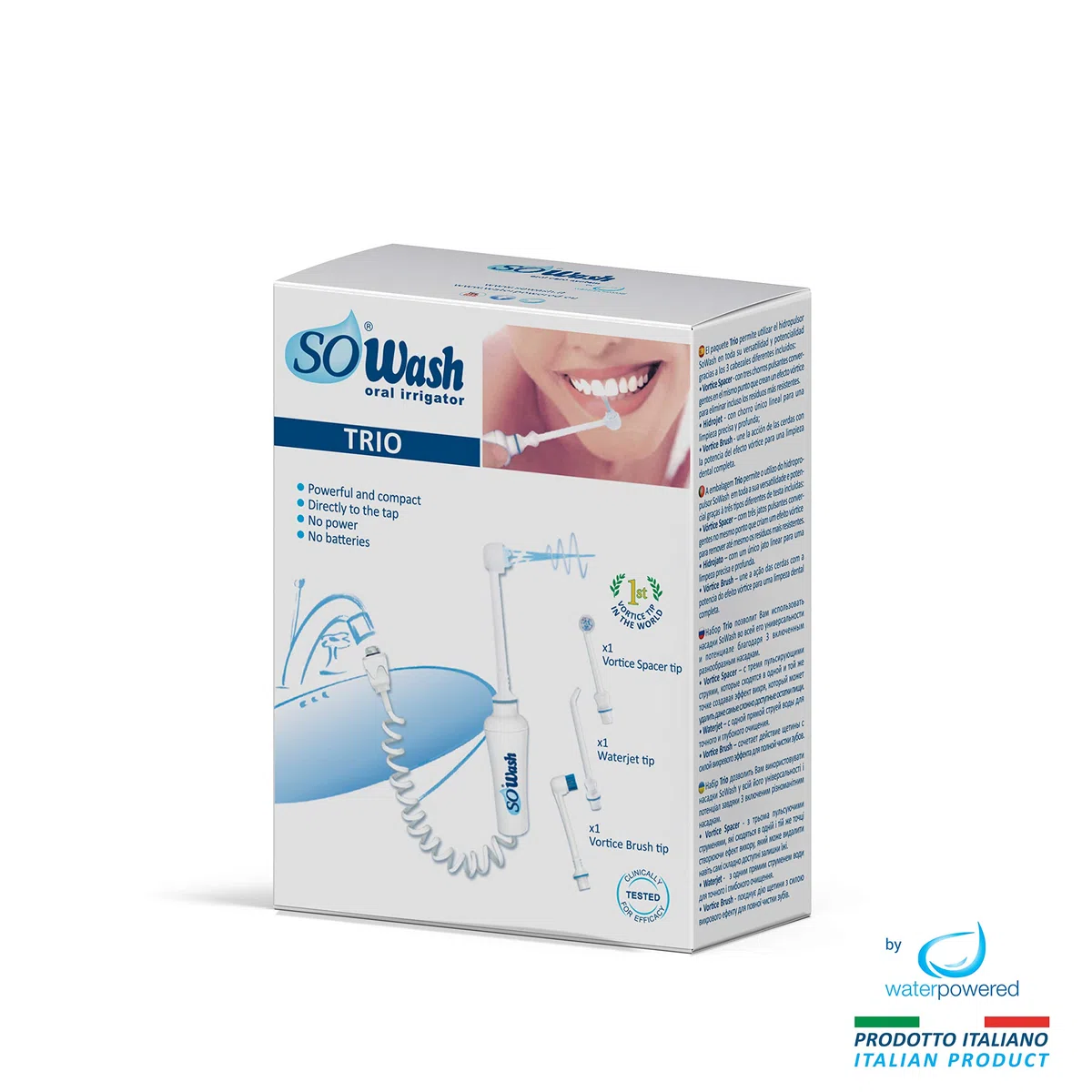 SoWash - Irrigatore orale TRIO | si collega al rubinetto, senza batterie né elettricità, prodotto italiano