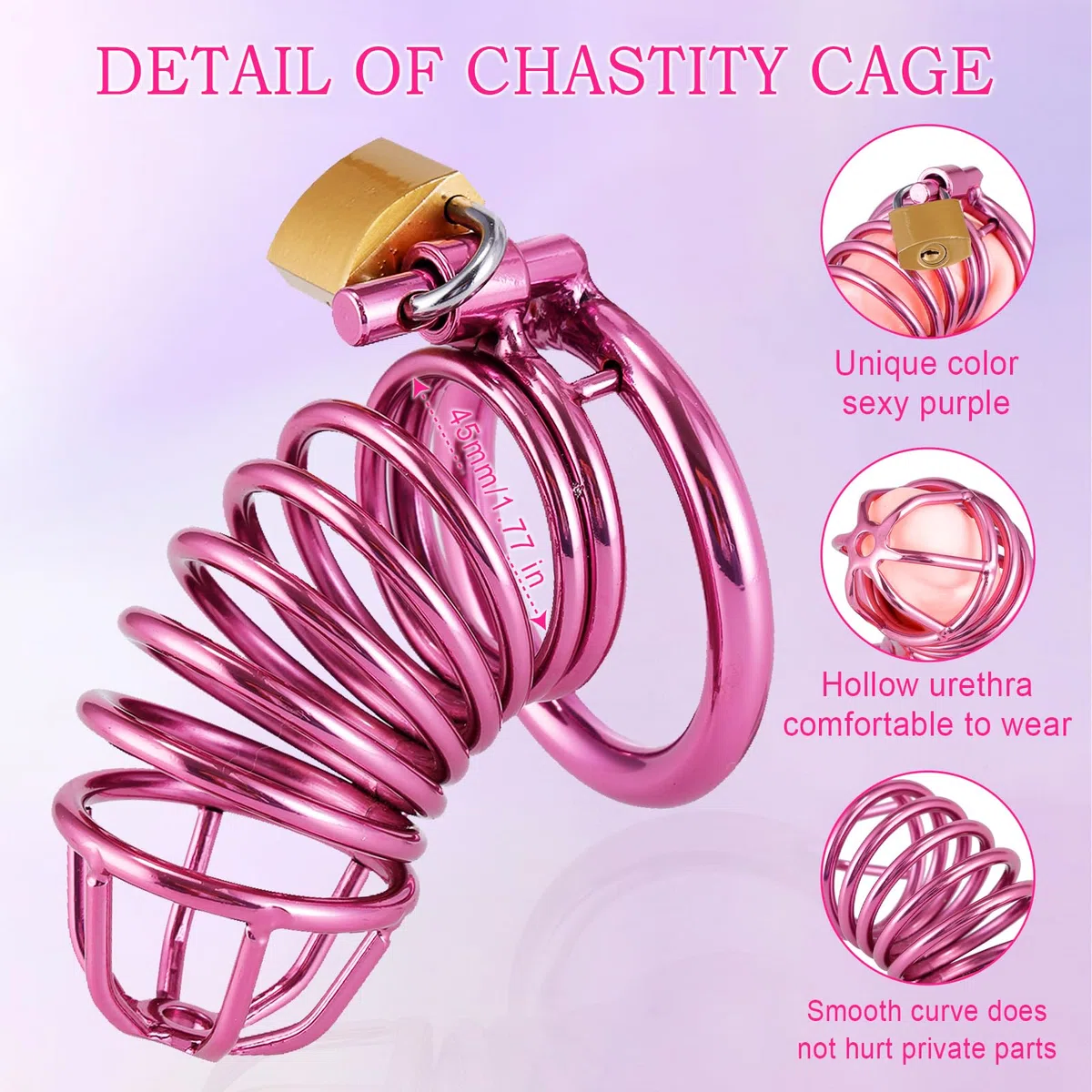 Gabbia Per Pene - Chastity Cage Con Cintura Di Castità, Gabbia Di Castità Uomo Anelli In 3 Misure (4 cm, 4,5 cm, 5 cm) Cock Cage Lilla In Metallo, Gabbia Pene Bondage BDSM Sex Toy Per Uomini