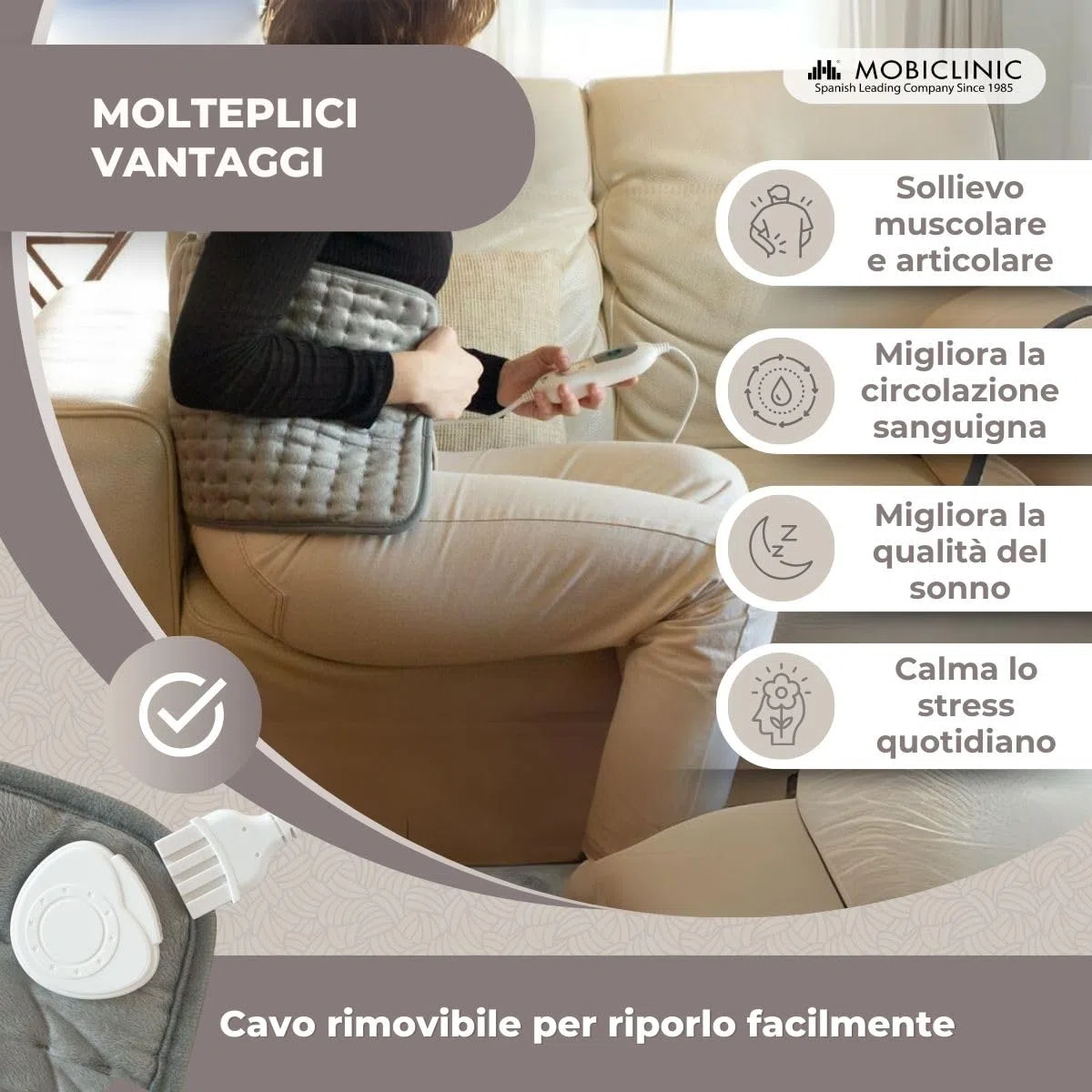 Mobiclinic, Cuscino riscaldato, Coperta riscaldata, 3 livelli di calore, Basso consumo energetico, Spegnimento automatico, Potenza 100w, Tappetino, Marchio spagnolo, Zona lombare, 40x30 cm