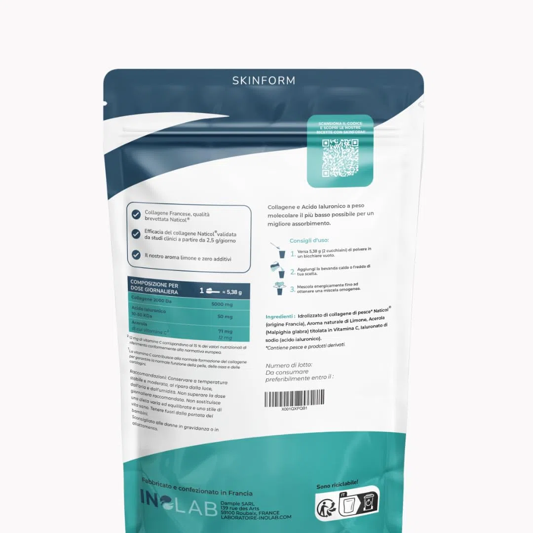 INOLAB collagene marino con acido ialuronico | Peptidi di Collagene idrolizzato 2000 Da | Collagene da bere in Polvere con Vitamina C Naturale | 45 Dosi 242g | Aroma naturale Limone