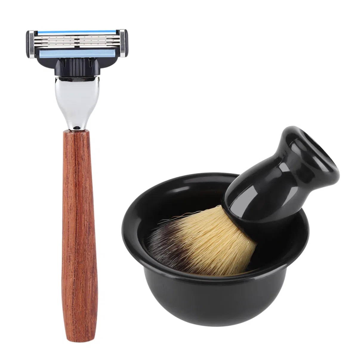Kit rasoio di sicurezza manuale con supporto, pennello da barba in pelo di tasso, tazza e ciotola da barba per schiuma, kit da barba da uomo in acciaio inossidabile con manico in legno, regalo per