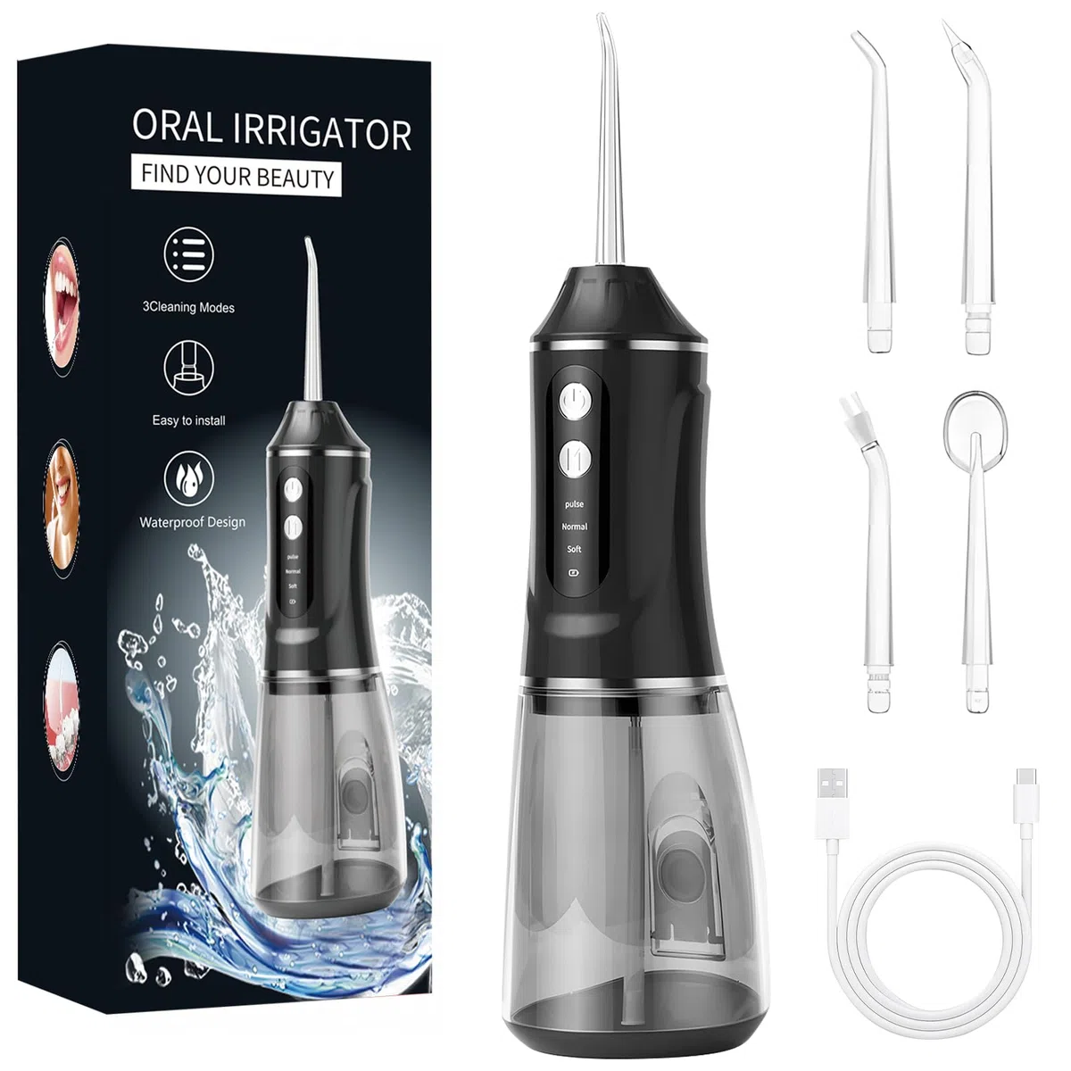 Idropulsore Dentale Oral,Irrigatore Orale,Idropulsore Dentale Portatile,Elettrico Oral Water,con 5 Modalità e 6 Beccucci,Serbatoio da 380ml,Impermeabile IPX7,per Uso Domestico e Viaggi(Nero)