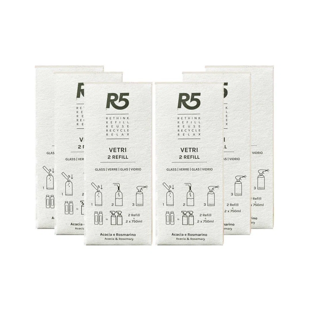 R5, Multipack 12 Refill Vetri, Detergente Vetri, Ideale per la Pulizia di Vetri, Cromature e Cristalli, Fragranza Acacia e Rosmarino, Made in Italy