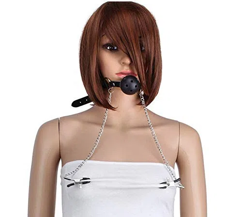 Bavaglio per Adulti con Pallina per Bocca (Ball Gag) e Catena con Morsetti Seno, Pinze Strizza Capezzoli, Morso per Bocca Sadomaso