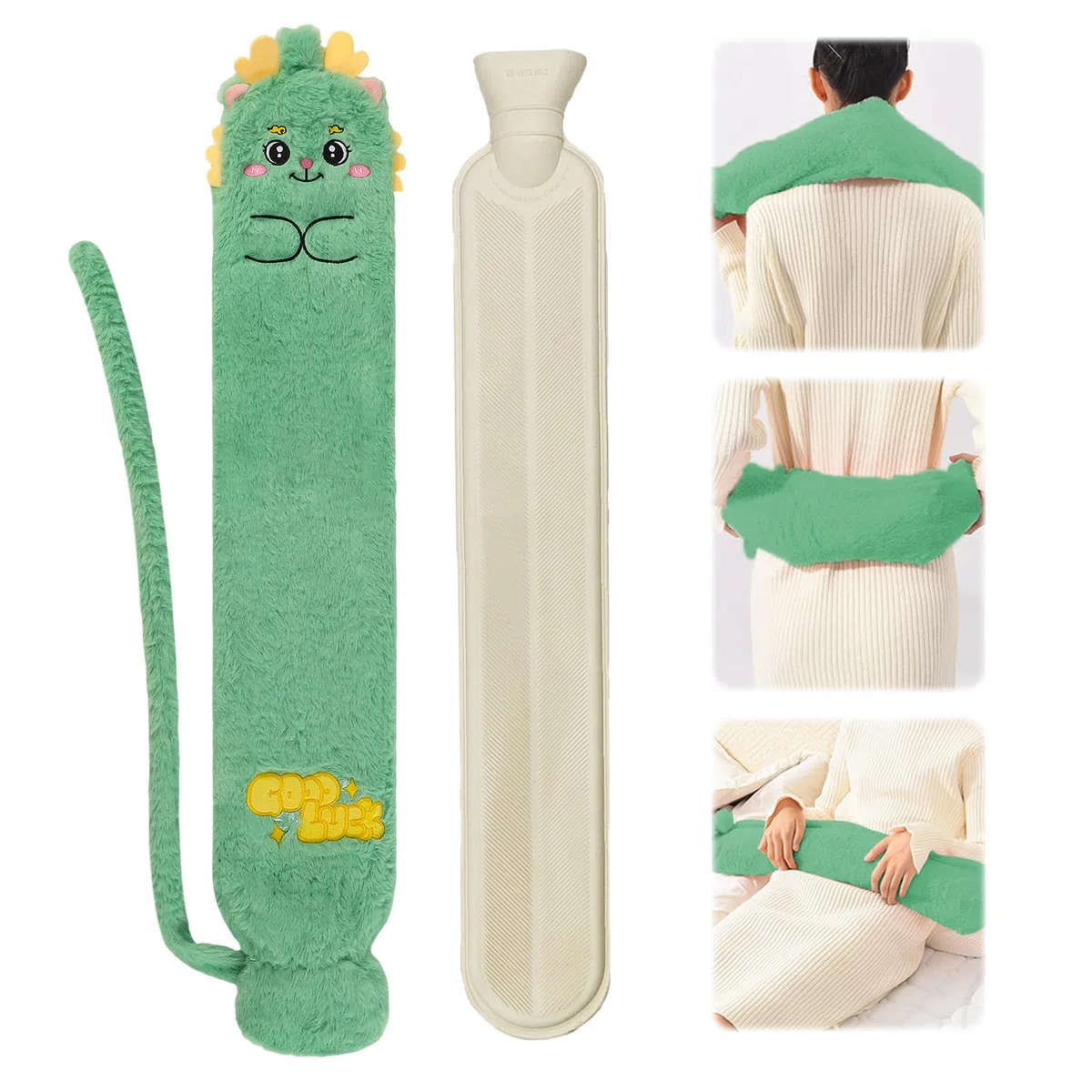 Borsa Acqua Calda Lunga, Borsa Acqua Calda Peluche, 1.5 Litri 72x12 cm Borsa Dellacqua Calda in Gomma con Coperchio, Adatto per collo, pancia e schiena, alleviare il dolore (Verde/Dinosauro)