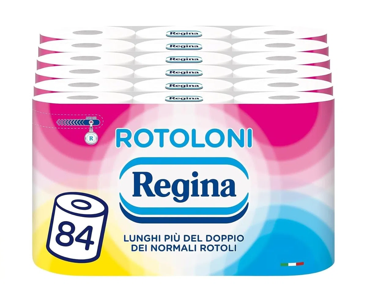 Rotoloni Regina - 84 Maxi Rotoli di Carta Igienica, 500 Fogli a 2 Veli, Lunghi Più del Doppio dei Normali Rotoli, Confezione 50% in Plastica Riciclata, Carta 100% Certificata FSC