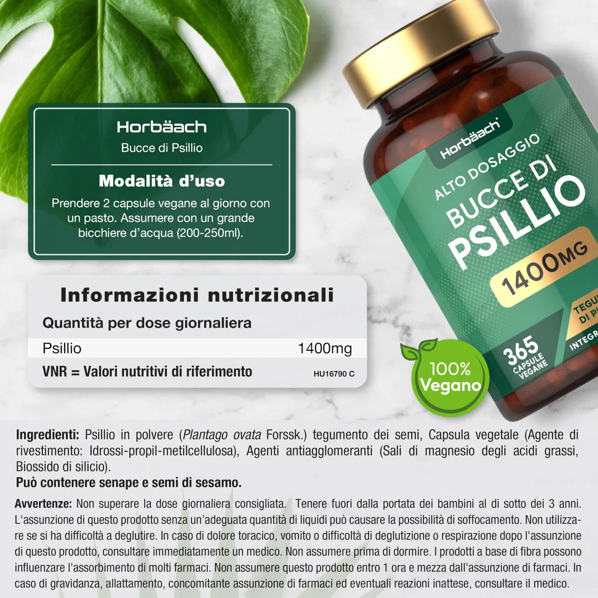 Psillio Capsule Alto Dosaggio 1400 mg | Buccia di Psillio in Polvere | 365 Capsule Vegane per 6 Mesi | Integratore di Fibre | Prebiotico Naturale | Psyllium Husk | di Horbaach