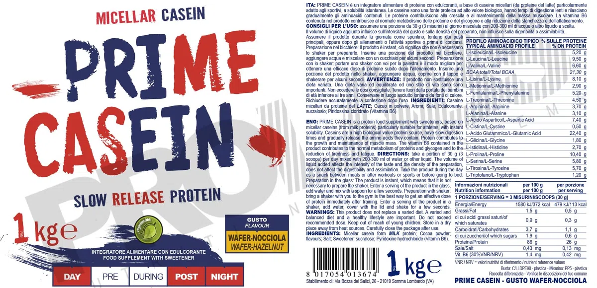 PROLABS PRIME CASEIN - 1 Kg – Wafer-Nocciola - Integratore alimentare di proteine del latte - Purissime caseine micellari - Crescita e mantenimento della massa muscolare