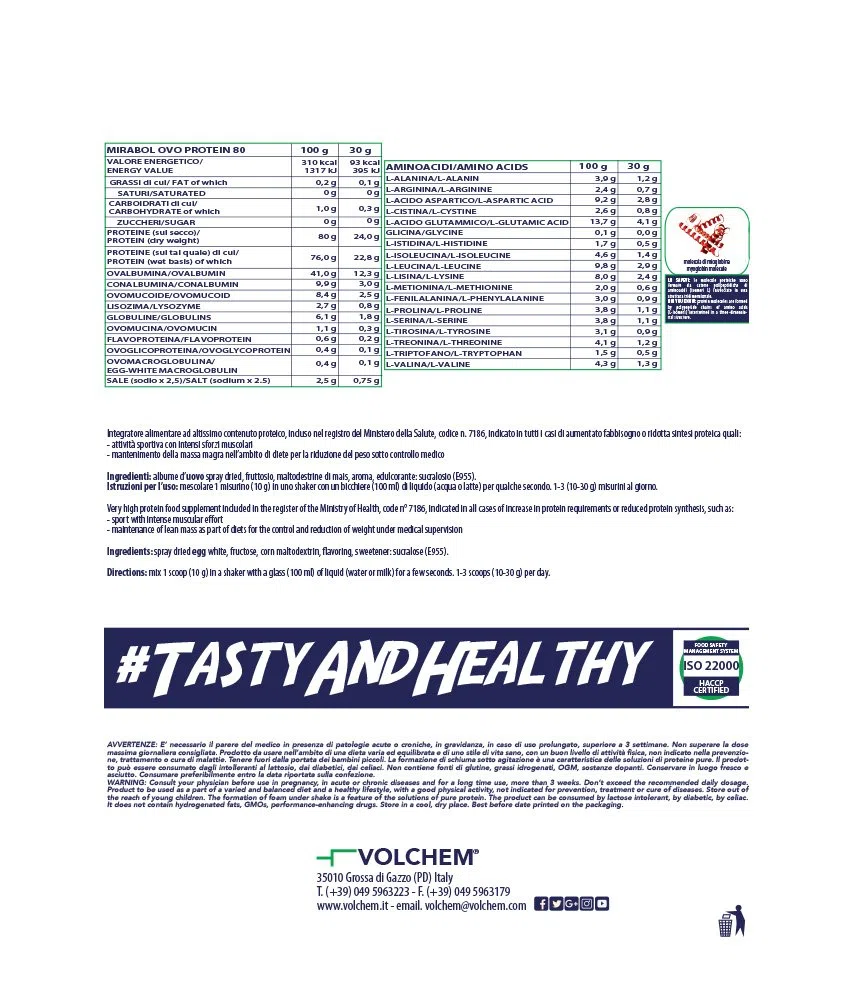 Volchem Mirabol Ovo Protein 80, Integratore Alimentare con Proteine dell'Uovo, 80% Purezza, 19% Aminoacidi Ramificati, Senza Lattosio e Conservanti, Busta con Polvere Solubile, Gusto Crema, 500 g