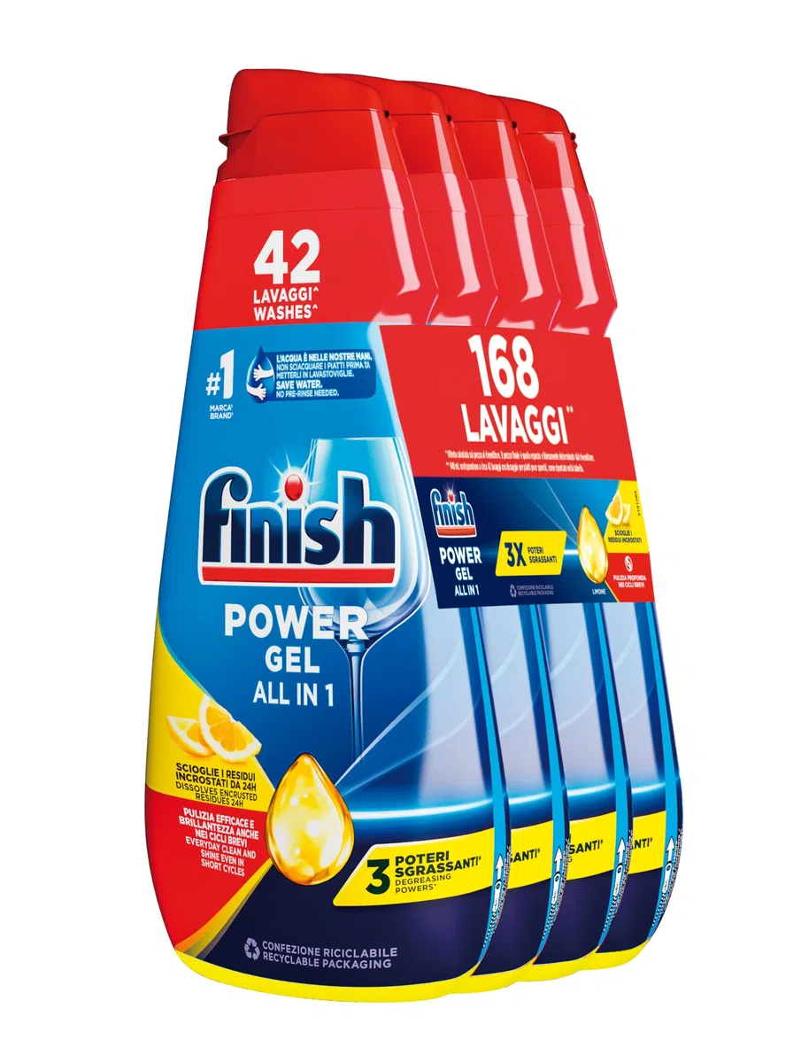 Finish Powergel, Gel Detersivo per Lavastoviglie Liquido, 42 Lavaggi, 940ml, Poteri Sgrassanti, Limone, Multiazione (Confezione da 4)