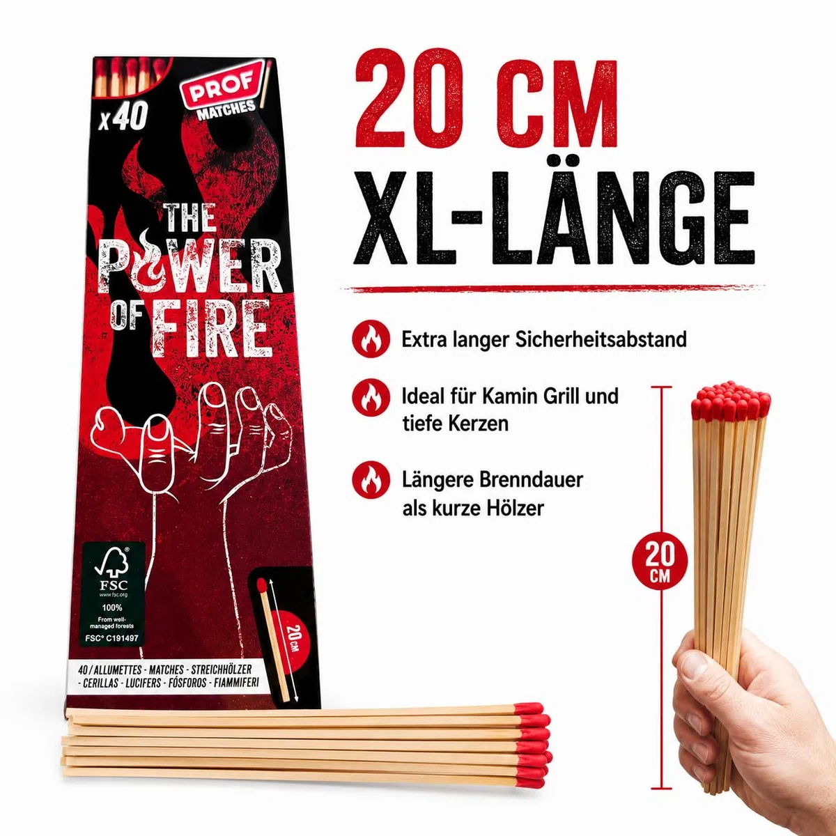jameitop Confezione da 5 fiammiferi XXL – 20 cm extra lunghi di alta qualità, 200 pezzi per set, ideali per campeggio, barbecue, avventure all'aperto, sopravvivenza, emergenze e progetti fai da te
