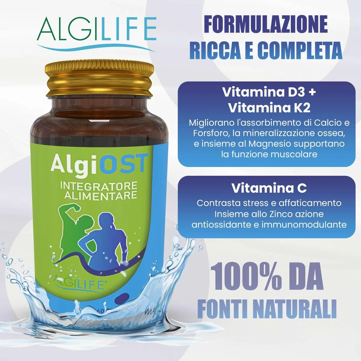 Calcio Magnesio Zinco e Vitamina D3 K2, Vitamina C, Manganese (60 Compresse Vegane) AlgiOST ALGILIFE - ZMA Integratore Magnesio, Calcio Integratore, Zinco Integratore per Ossa, Denti, Articolazioni