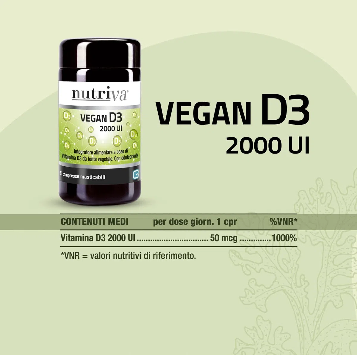 NUTRIVA Vegan D3, Integratore Alimentare a Base di Vitamina D3, Ideale per le Ossa e per il Supporto del Sistema Immunitario, Naturale, Privo di OGM, Glutine e Allergeni - 120 Compresse Masticabili