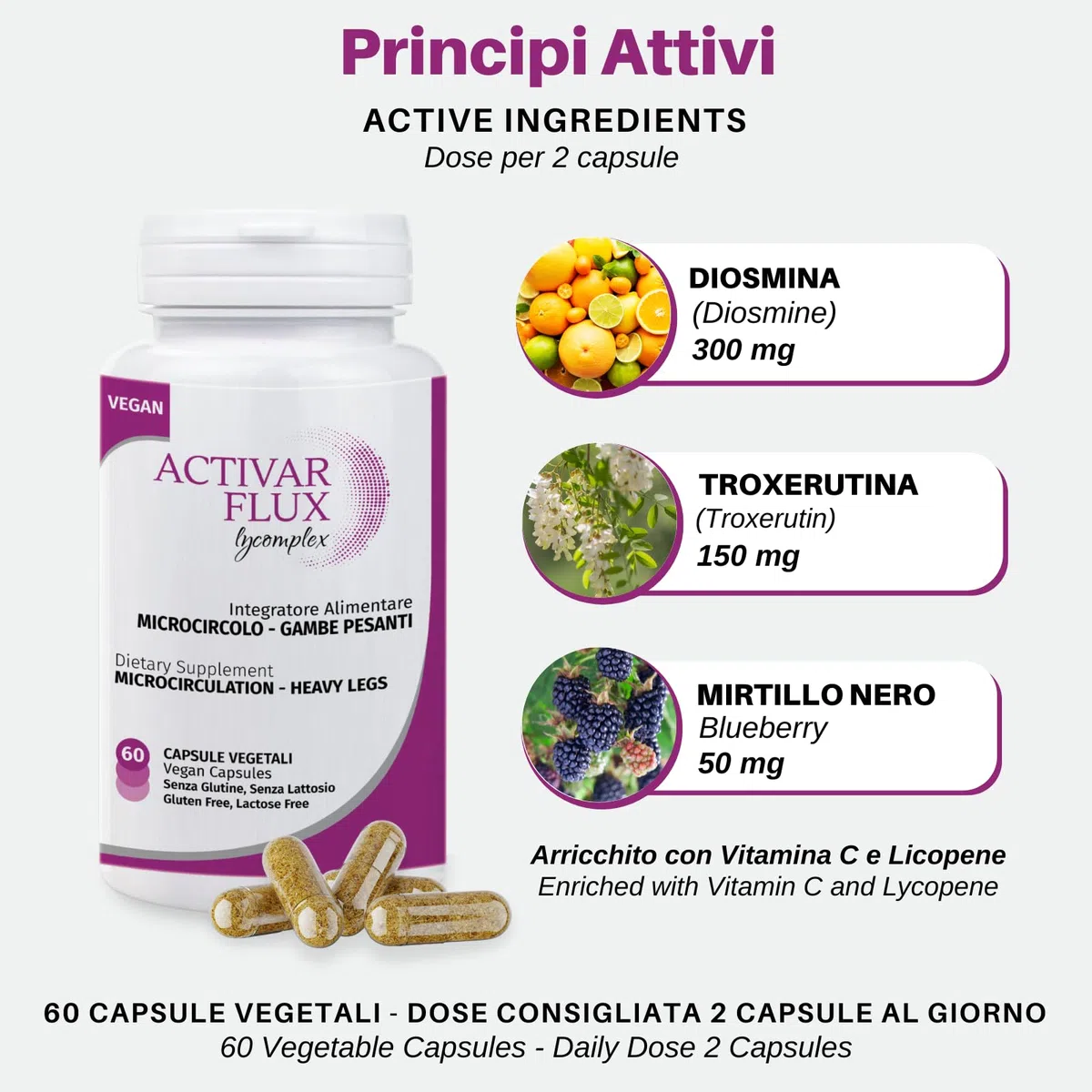 Activar Flux Lycomplex | Integratore con Diosmina, Troxerutina e Mirtillo | Sostiene la Funzionalità del Microcircolo | Per Vene, Capillari Fragili, Gambe Gonfie e Pesanti | 60 Capsule Vegetali